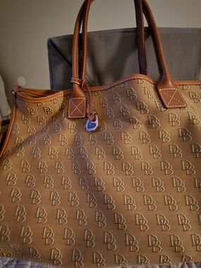 Dooney & Bourke Brown Monogram Canvas Tote with Tan Leather Trim
